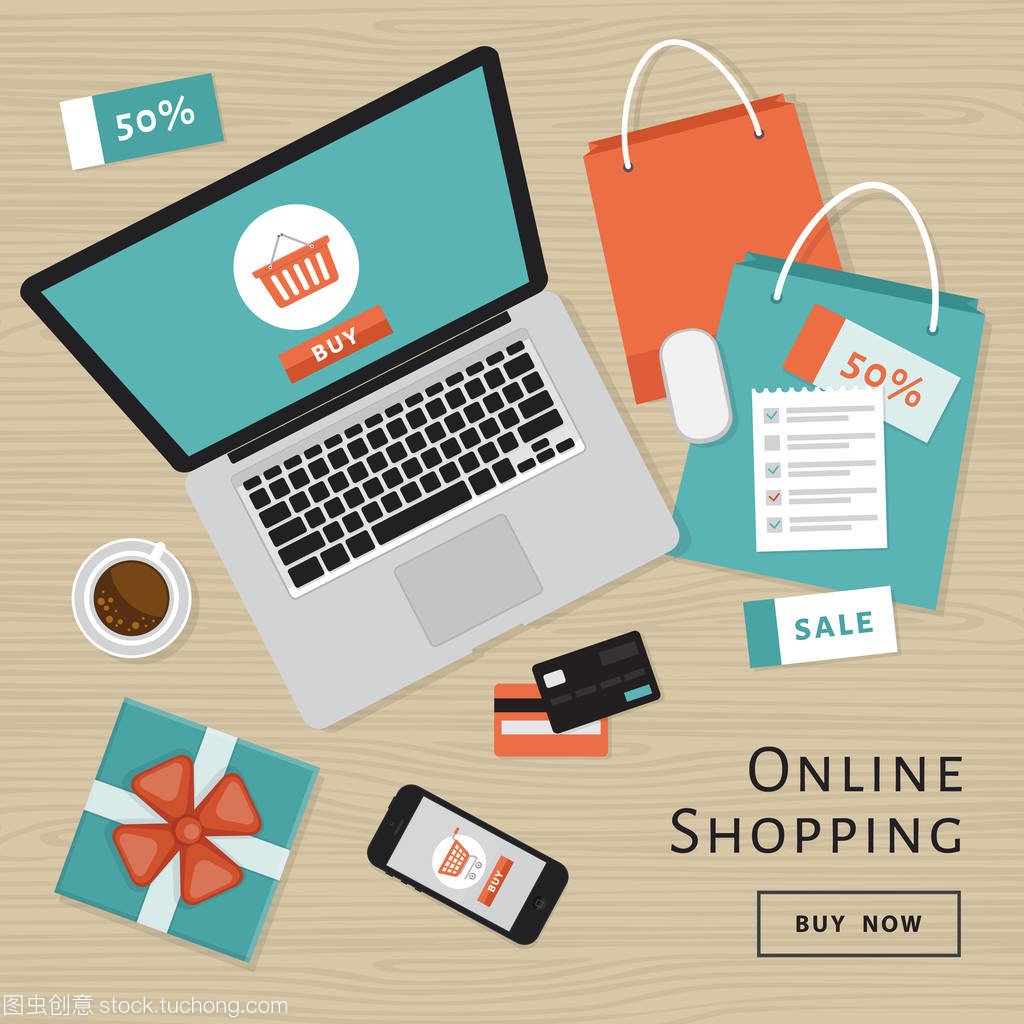 網上購物的概念。在線商店對象和橫幅。表與筆記本電腦, 購物袋, 信用卡, 禮品和優惠券。平面樣式, 矢量插圖